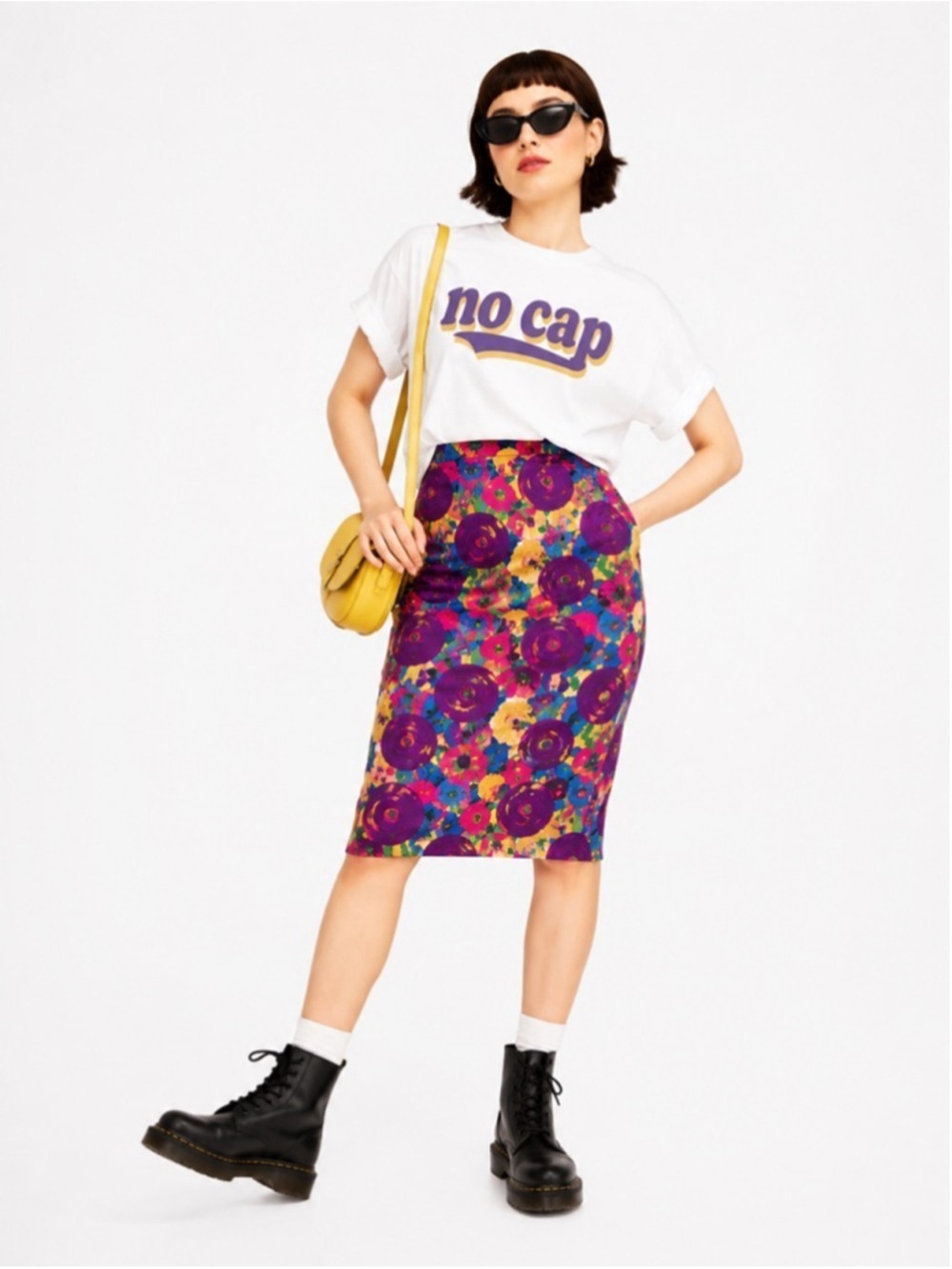 Vintage Floral Cotton Stretch Midi Pencil Skirt Vibrant Multicolor Garden Print